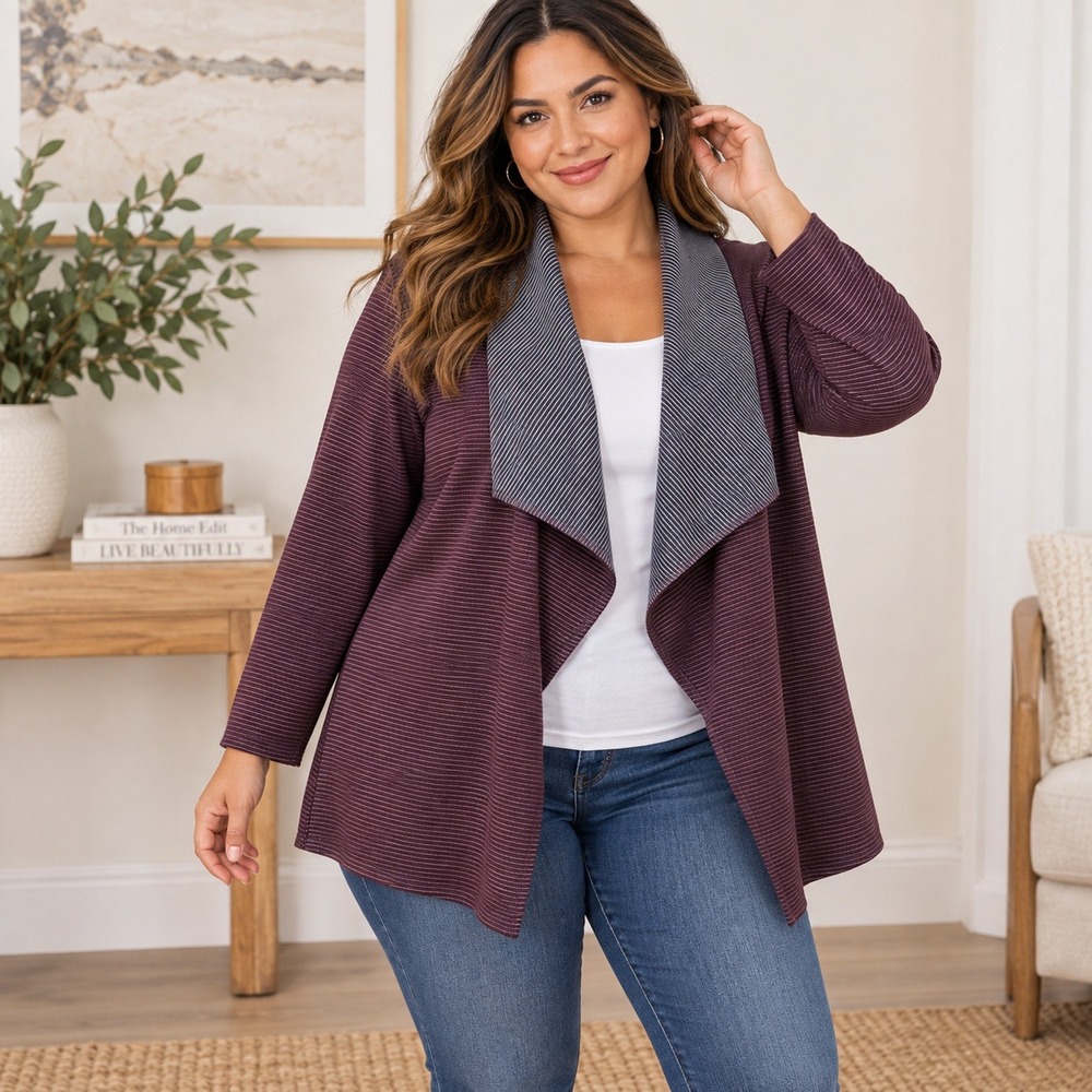 Weekends by Chico's Reversible Drape Neck Cardigan Bordeaux Grey Striped Size 3